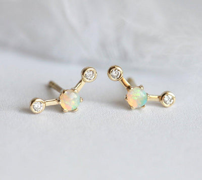 Round opal gold stud earrings with white diamonds