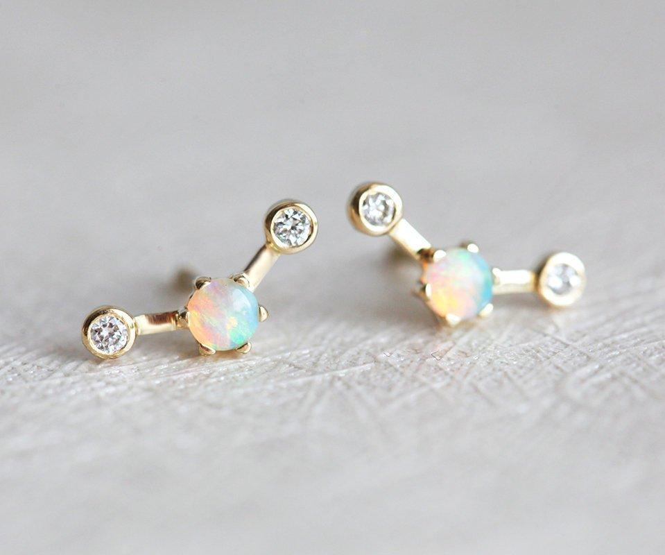 Round opal gold stud earrings with white diamonds