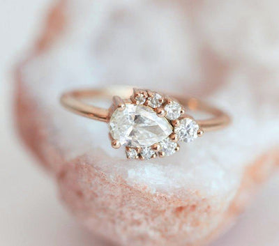 Pear White Diamond Cluster Engagement Ring with Side White Diamonds
