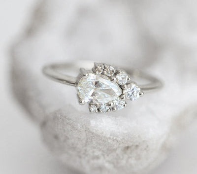 Pear White Diamond Cluster Engagement Ring with Side White Diamonds