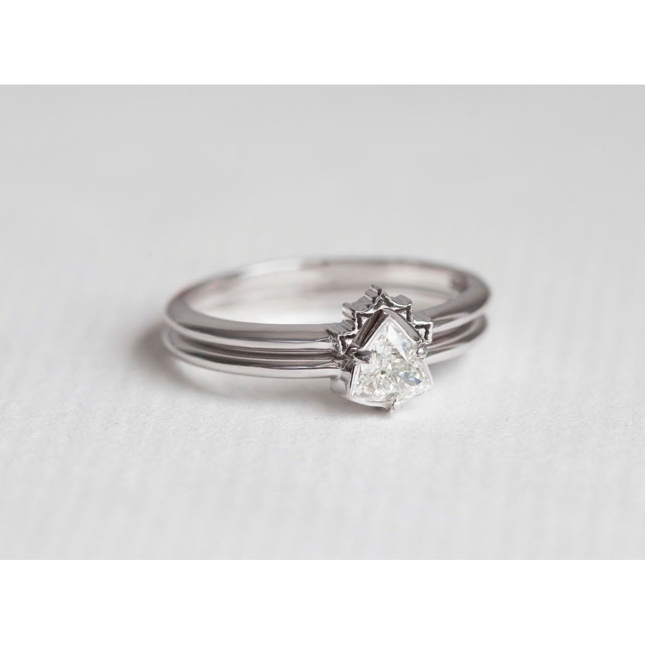 Trillion Cut White Diamond Engagement Ring set with lace band