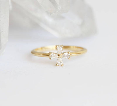 Pear White Diamond Ring with a floral finish