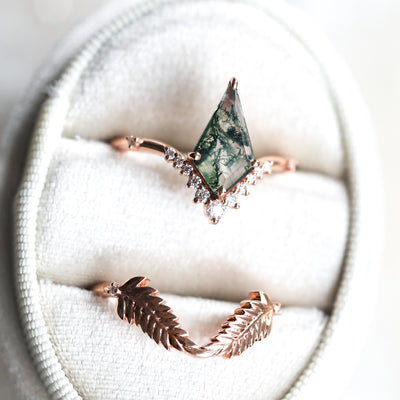 Diamond Kite Moss Agate Ring Set With Leaf Diamond Band