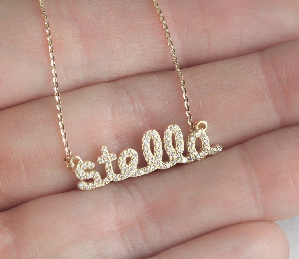 Gold necklace with personalized name and diamond pave