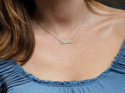 Gold necklace with personalized name and diamond pave