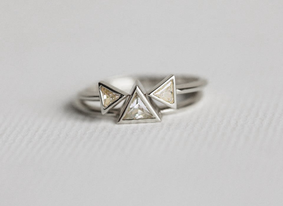 Unique 3-Stone Triangular White Diamond Bridal Ring
