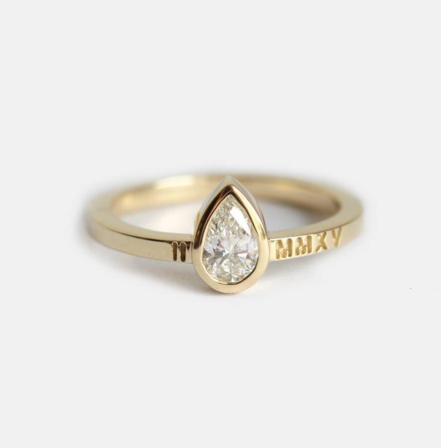 Personalized Pear White Diamond Solitaire Ring with roman numerals