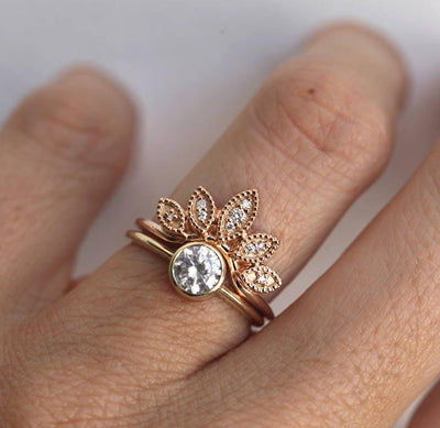 Round White Diamond Floral Crown Stacking Ring