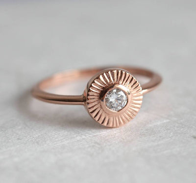 Unique Boho Sun Round White Diamond Gold Ring