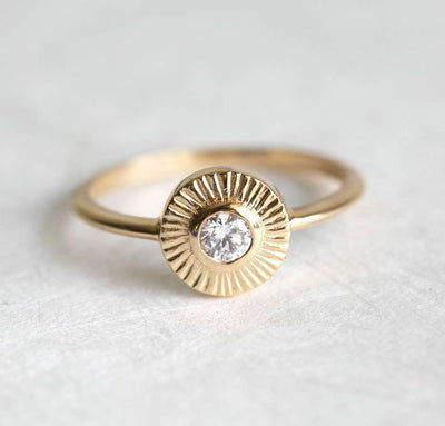 Unique Boho Sun Round White Diamond Gold Ring