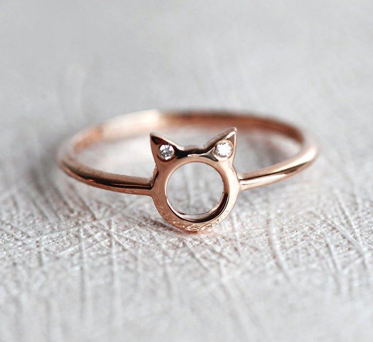 Unique Round White Diamond Cat Ears Ring