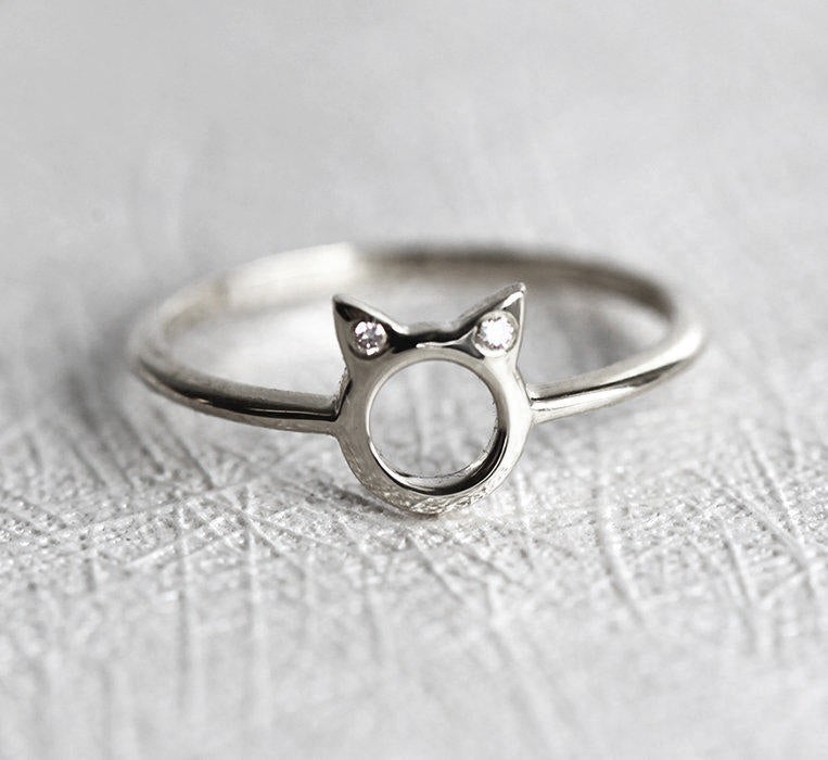 Unique Round White Diamond Cat Ears Ring