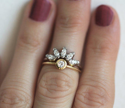 Round White Diamond Wedding Ring with Marquise-Cut White Diamond Crown Ring