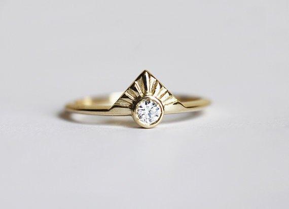 Round White Diamond Sunrise Engagement Art Deco Ring