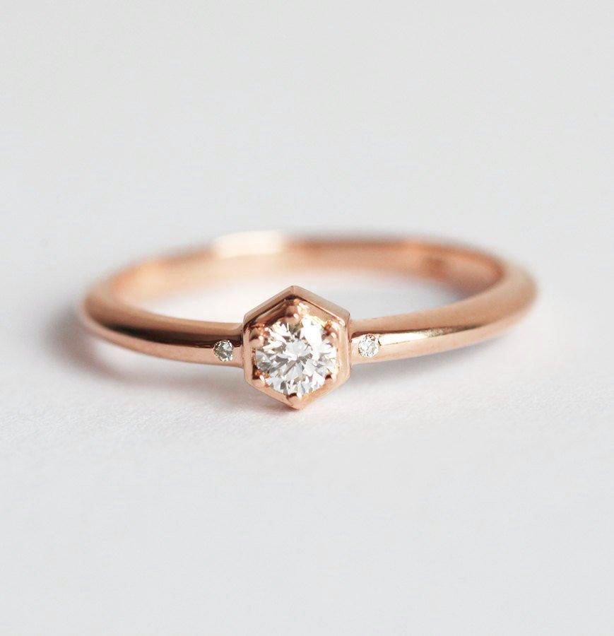 Three Stone Hexagon White Diamond Gold Engagement Ring with 2 Side White Diamonds