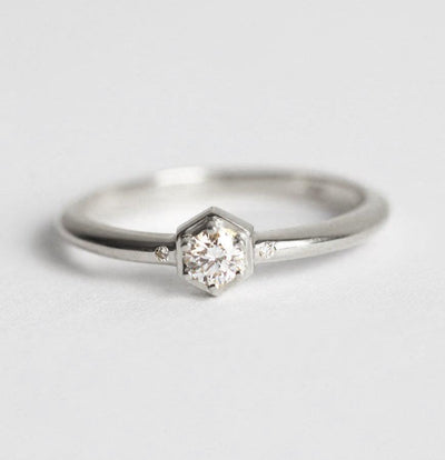 Three Stone Hexagon White Diamond Gold Engagement Ring with 2 Side White Diamonds