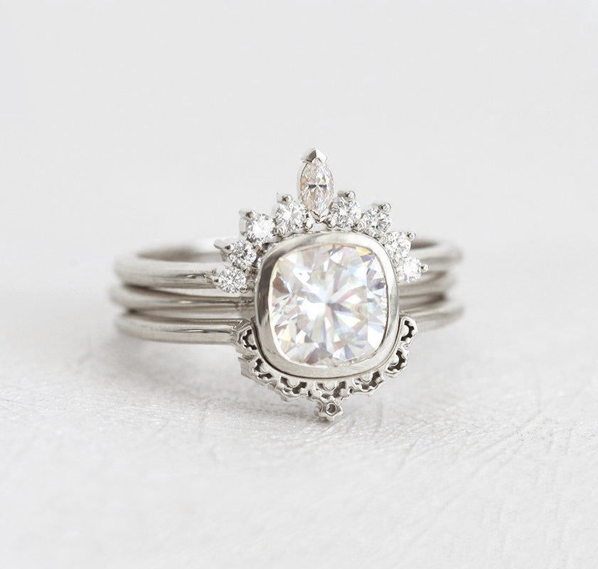 Cushion-Cut Moissanite Ring with Side White Diamonds