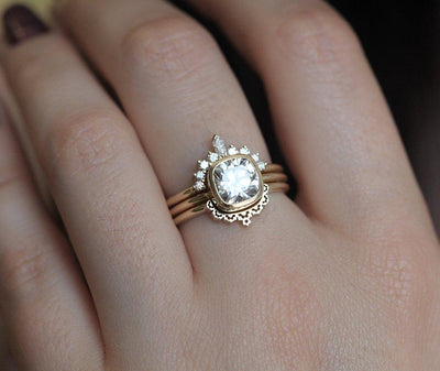 Cushion-Cut Moissanite Ring with Side White Diamonds