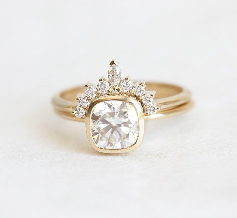 Cushion-Cut Moissanite Ring with Side White Diamonds