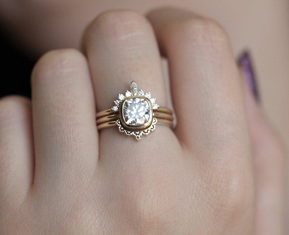 Cushion-Cut Moissanite Ring with Side White Diamonds