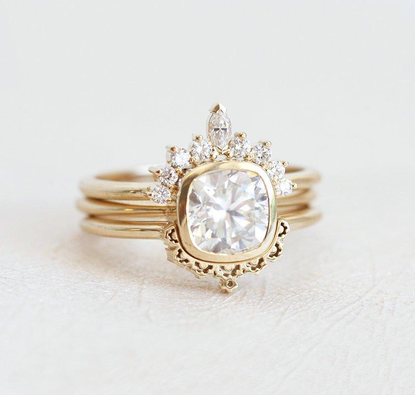 Cushion-Cut Moissanite Ring with Side White Diamonds