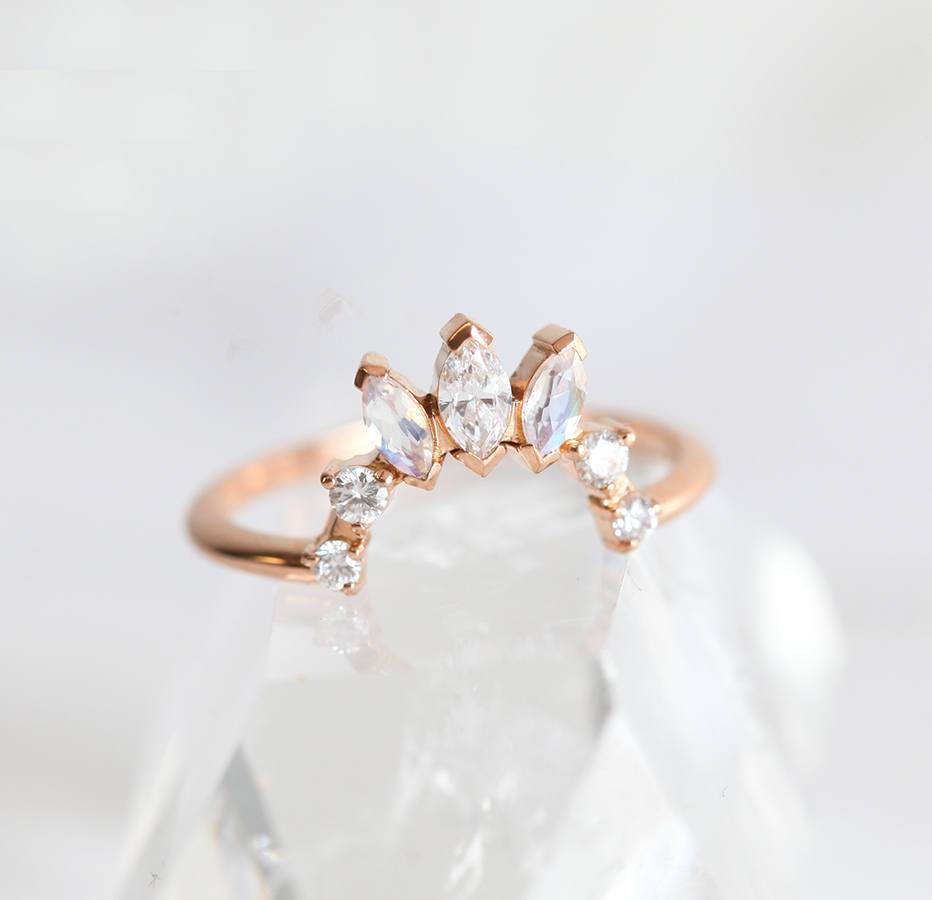 Marquise-Cut White Diamond and Moonstone Crown Ring