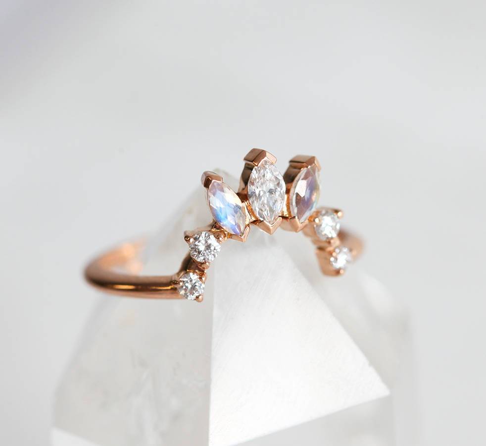 Marquise-Cut White Diamond and Moonstone Crown Ring