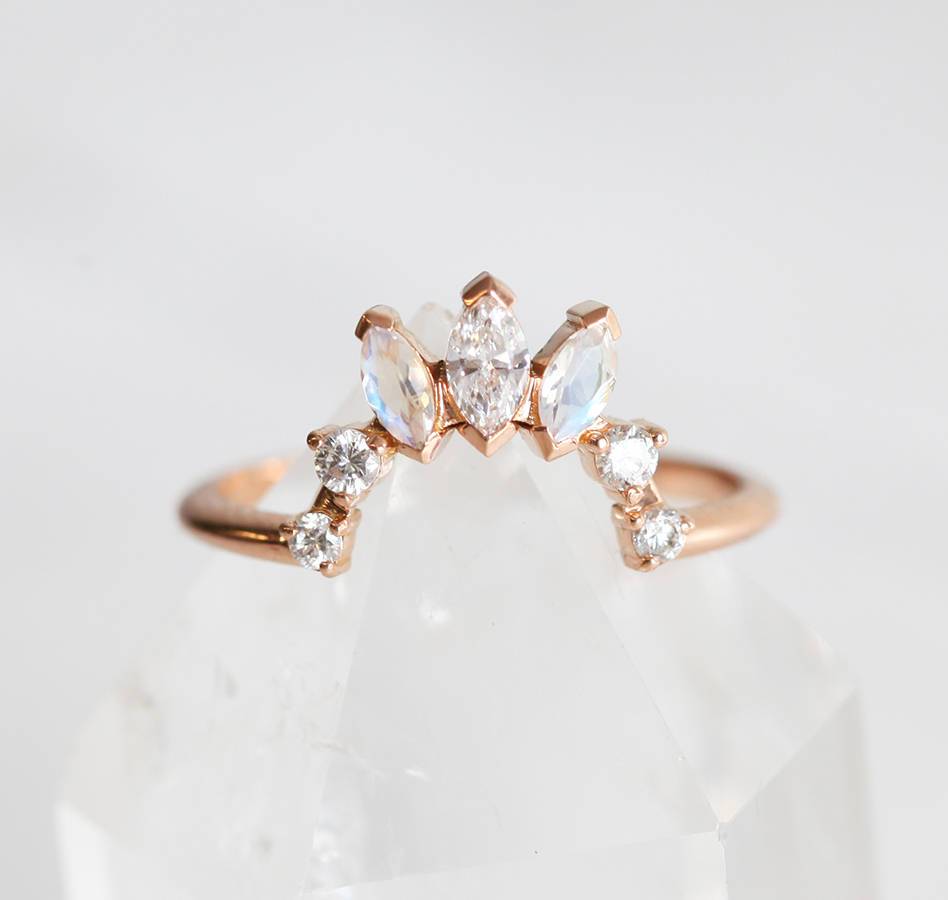 Marquise-Cut White Diamond and Moonstone Crown Ring
