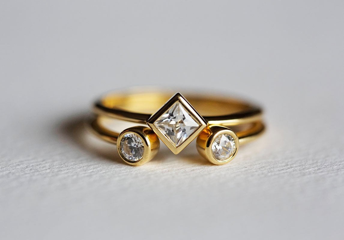 3-Stone Princess-Cut White Diamond Engagement Ring with 2 Side Round White Diamonds