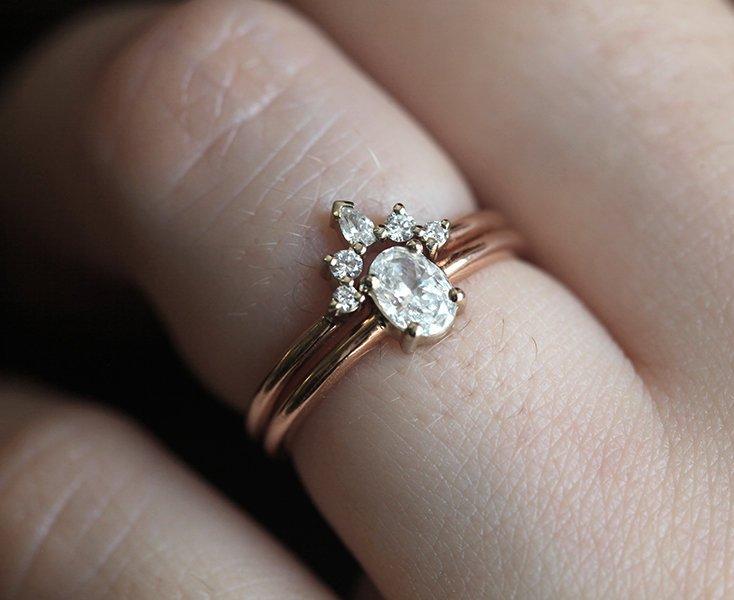 Oval White Diamond Wedding Ring with complementary ring with White Diamonds forming a crown