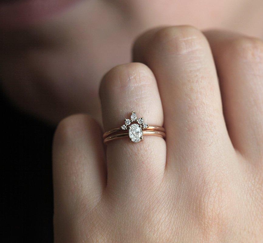 Oval White Diamond Wedding Ring with complementary ring with White Diamonds forming a crown