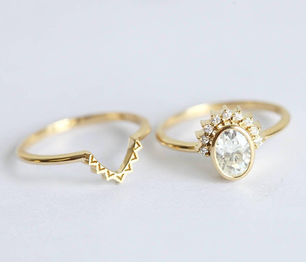 Oval White Diamond Halo Wedding Ring with complementary ring with White Diamonds forming a crown