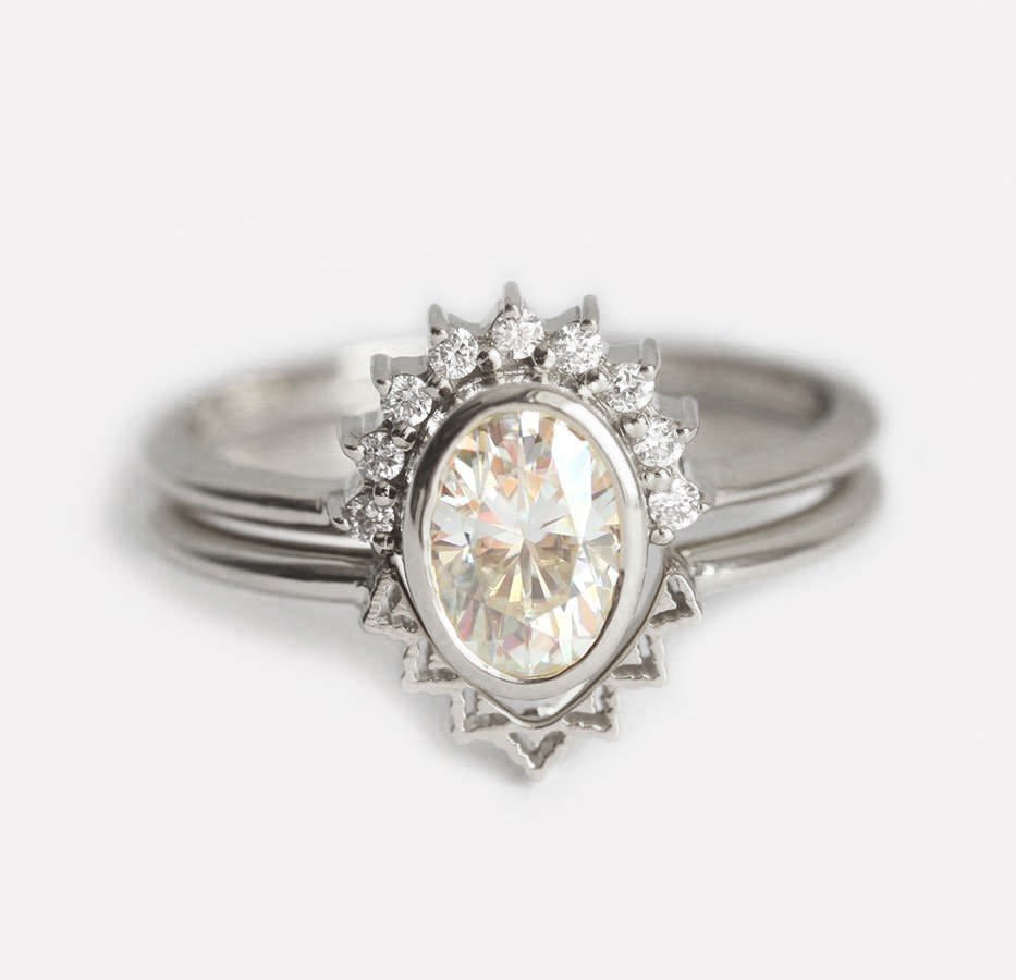 Oval White Diamond Halo Wedding Ring with complementary ring with White Diamonds forming a crown