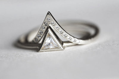 Trillion Cut White Diamond Engagement Ring set with v-shaped Diamond band