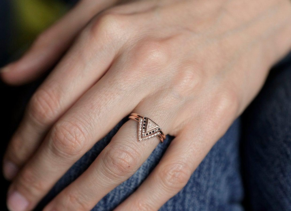 Triangle Cut Modern White Diamond Engagement Halo Ring with Black and White Diamonds Surrounding the main gemstone