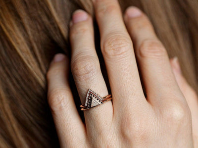 Triangle Cut Modern White Diamond Engagement Halo Ring with Black and White Diamonds Surrounding the main gemstone