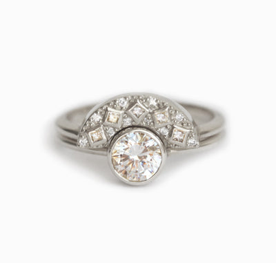 Art Deco Round White Diamond Ring Set paired with a unique Diamond Wedding Band