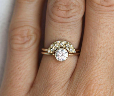 Art Deco Round White Diamond Ring Set paired with a unique Diamond Wedding Band