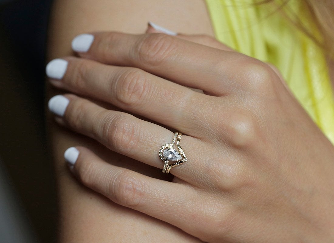 Pear White Diamond Halo Wedding Ring with Side White Diamonds