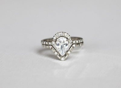 Pear White Diamond Halo Wedding Ring with Side White Diamonds