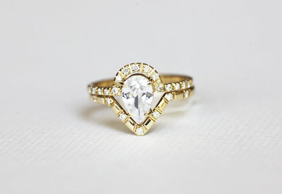 Pear White Diamond Halo Wedding Ring with Side White Diamonds