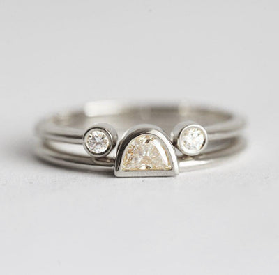 Half Moon White Diamond Solitaire Ring paired with Open Band and Two Round Diamonds at each end of the band