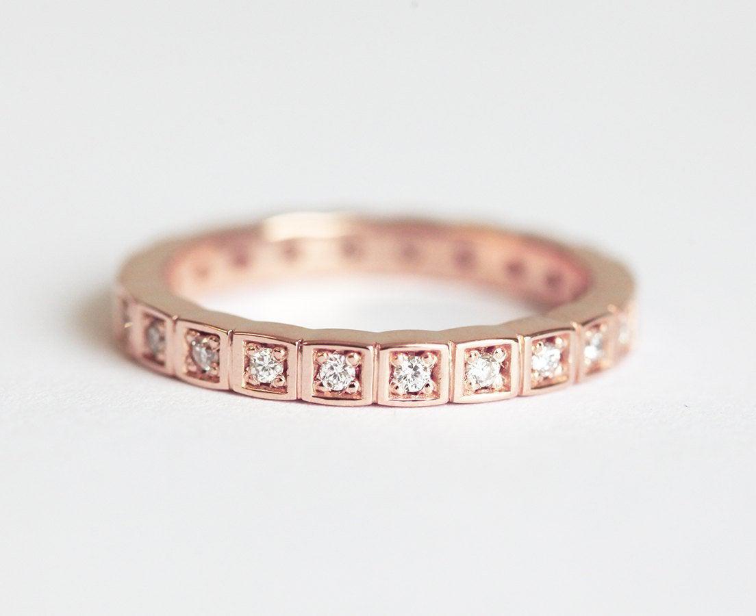 Round White Diamonds set in Square Pattern Texture Eternity Wedding Ring