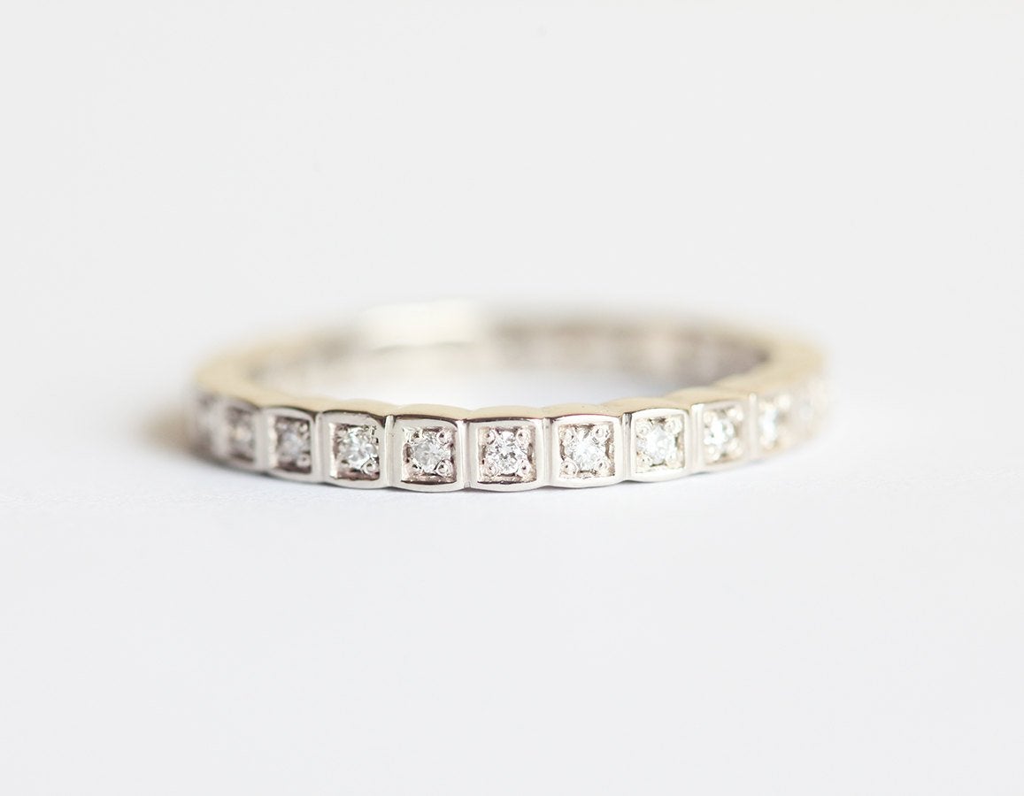 Round White Diamonds set in Square Pattern Texture Eternity Wedding Ring