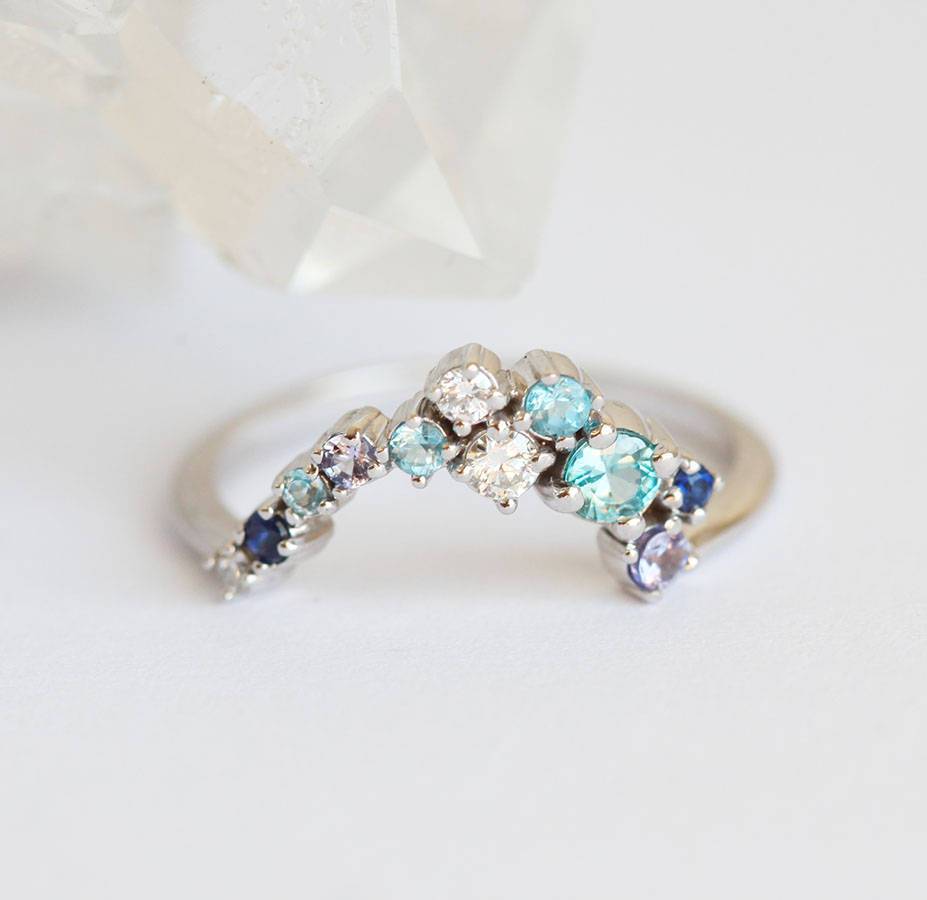 Round blue sapphire, diamond, aquamarine and topaz nested ring