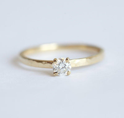 Simple Round White Diamond Solitaire Ring with Prong Setting and hammered texture