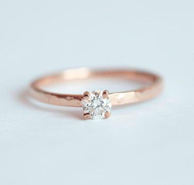 Simple Round White Diamond Solitaire Ring with Prong Setting and hammered texture