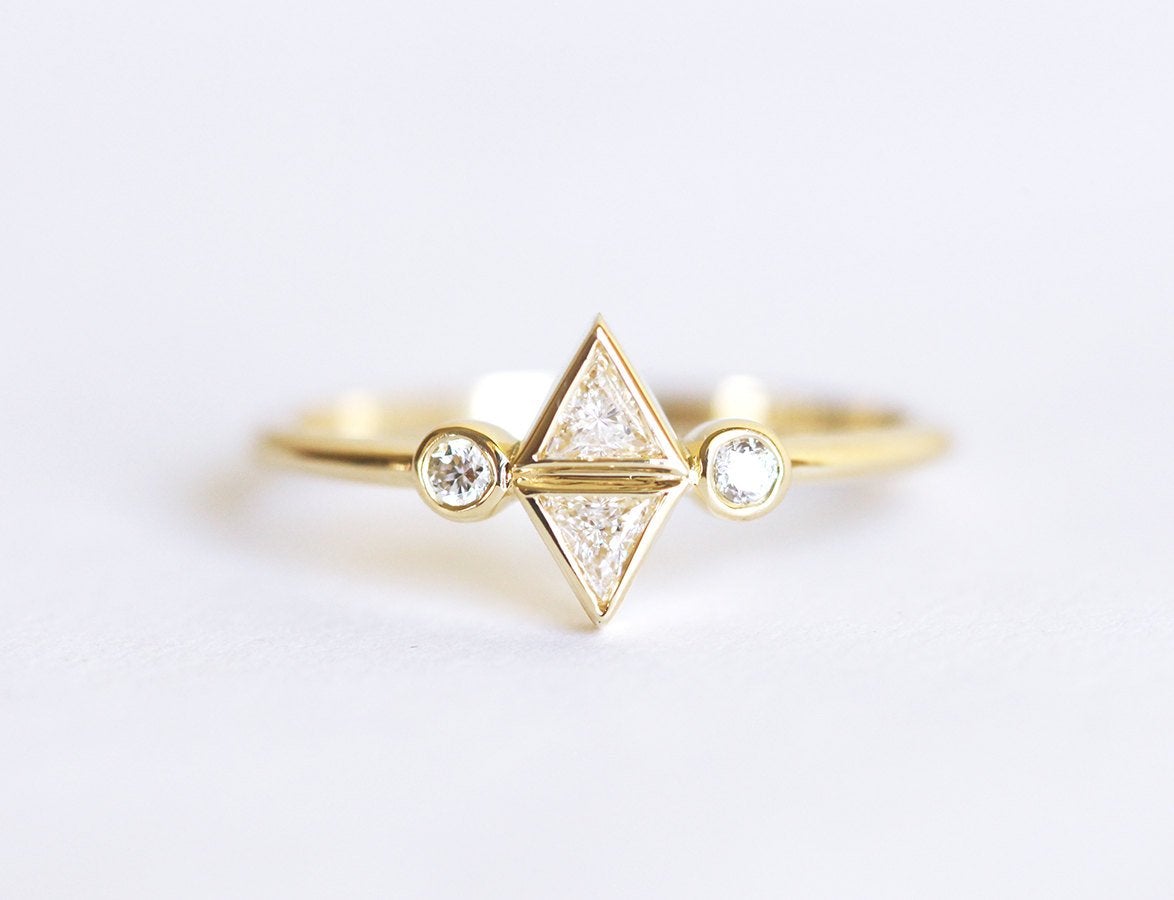 2 Trillion-Cut White Centerpiece Diamonds Engagement Ring with 2 Round Side Diamonds