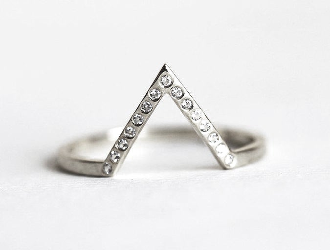 V-Shaped Round White Diamond Wedding Ring