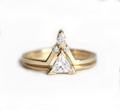 Trillion Cut Diamond Solitaire Ring with Upper V-Shaped Diamond Band making up a set